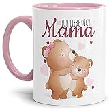 Tasse mit Tiermotiv Zwei Teddys - Mama, ich Liebe Dich - Geschenk für die liebste Mama - Keramiktasse, Innen & Henkel Rosa, 300