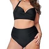 Damen Bademode mit V-Ausschnitt und Hoher Taille Zweiteiliger Neckholder Push Up Bikini-Badeanzug Tummy Control Badeanzug-Set (3XL,Schwarz)