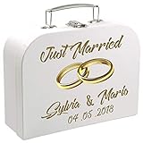 MCK-Handel Hochzeit - Koffer weiß 30cm für Brautpaare mit der Aufschrift Just Maried mit Goldenen Ringen und [Vor-Namen des Brautpaares und [Tag der Hochzeit]