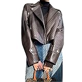 Damen-Lederjacke, Biker-Stil, Reißverschluss, Knöpfe, schmale Passform, einfarbig, lange Ärmel, Revers, Schwarz , 46