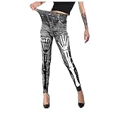 Briskorry Halloween Hose Jeansoptik Damen High Waist Stretch Skinny Elegant Leggings Frauen Gummizug Gummibund Lang Eng Jegging