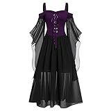 CHARMMA Übergroßes Gothic Halloween-Kleid, Festlich A-Linie Schnürkleid mit Schmetterlingsärmeln, Kostüm mit Träger für Halloween Damen (Violett, L)