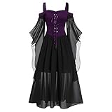 CHARMMA Übergroßes Gothic Halloween-Kleid, Festlich A-Linie Schnürkleid mit Schmetterlingsärmeln, Kostüm mit Träger für Halloween Damen (Violett, L)