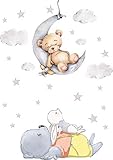 Szeridan D308 40 x 60 cm Teddybär auf dem Mond Kaninchen Wolken Sterne Tiere Himmel Wandtattoo Babyzimmer Wandsticker Aufkleber Deko für Kinderzimmer Baby Kinder (XXS - 40 x 60 cm)