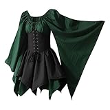 Damen Mittelalter Kleid mit Trompetenärmel Gebunden Taille Gothic Retro Midi Kleid Renaissance Cosplay Kostüm Kleid Karneval Halloween Party