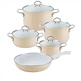 Riess, 0558-038, Geschirr-Set 5-teilig, NOUVELLE, CAPPUCCINO, bestehend aus: Fleischtopf mit Glasdeckel 16, 20, 24 cm, Kasserolle mit Glasdeckel20 cm, Emaille Pfanne 28