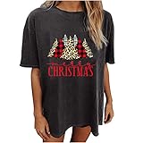 Tshirt Damen Kurzarm Schwarz Oversize Lang Bluse V Ausschnitt Lose Oberteile Mit Aufdruck, Weihnachten Herren und Damen Tunika Drop-Ärmel Oberteil Casual Loose Top