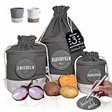 Glückstoff® Aufbewahrungsbox 3er-Set aus Stoff [Nachhaltig] Kartoffel Knoblauch Zwiebel-Topf | Küchen-Deko Bad Vorrats-Behälter | Vintage Korb Retro Leinen-Beutel | Lagerung Lebensmittel Gemüse (Grau)