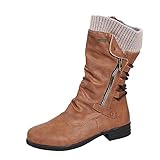 Damen Hohe Stiefel Flacher Absatz Reißverschluss Reitstiefel Weit Modisch Slip On Western Lederstiefel Cowboystiefel mit eckiger Zehenp