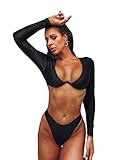 SheIn Damen Langarm Colorblock Hohe Taille Bademode Zweiteiliger Badeanzug - Schwarz - Larg