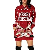 Weihnachtskleid Damen Hoodie Weihnachtsmotiv Minikleid Hoodies Sweatshirt Pullover Kleid Xmas Langarm Vintage Langarm Party Kleider Kapuzenpullover Longsleeve Sweatshirt Top