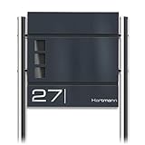 Metzler Standbriefkasten in Anthrazit RAL 7016 Cube - Name & Hausnummer als Lasergravur - Design Briefkasten mit Zeitungsfach, Fenster & Briefkastenständer - Größe: 37 x 37 x 10,5 cm - Höhe 120