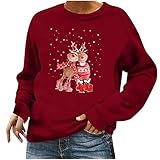 RKaixuni Damen Vintage Oversize Rentier Druck Weihnachtspullover Lustig Baumwolle Langarm Mädchen Oversize Weihnachts Xmas Pulli Shirt Weihnachtsmann Sweatshirt Ugly Christmas Sw