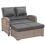 greemotion Rattan-Lounge Bahia Tobago,Gartensofa mit Bettfunktion,inkl. Hocker, Grau,Holzfarben, ca.117 x 93 x 74