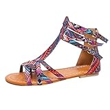 Ansenesna Sandalen Damen Sommer Flach Bunt Boho Vintage Schuhe Offen Reißverschluss Stoff Comfort Sommerschuhe (39, Lila)