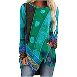 Wave166 Damen Bluse Side Split Bluse Tunika Vintage Clothes Vintage Gedruckt T-Shirts Mit Unregelmäßiger Saum Mode Streetwear Herbst Hemd Lang
