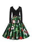 EFOFEI Damen Weihnachten Kleider Langarm Weihnachtskleid Vintage Hepburn Cocktailkleid Weihnachten Druck Partykleid A-Linie Swing Kleid Dress Grün M