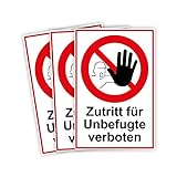 3 Stück Zutritt für Unbefugte verboten Schild 20 x 30 cm aus Stabiler PVC Hartschaumplatte 3mm mit UV-Schutz von STROBO