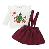 Kleinkind Baby Herbst Winter Komfortabel Hosenträger Röcke Zweiteiliger Anzug Mädchen Weihnachten Santa Xmas Cartoon Bedruckte T-Shirts Tops + Hosenträger Röcke Outfits (3-24 Monate)