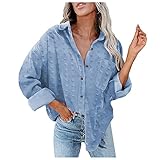 NHNKB Damen Pom Pom Chiffon Bluse Oversized Lose Langarm Button Down Hemd Elegante Freizeit Tunika Shirt Tops V-Ausschnitt Einfarbig Bürohemden Herbst Langarmhemden Hemden Oberteile (Blue, XXL)