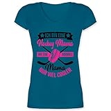 Mutter Geschenk Mama - Ich Bin eine Hockey Mama - wie eine Normale Mama nur viel Cooler - schwarz/Fuchsia - M - Türkis - Geschenk - XO1525 - Damen T-Shirt mit V