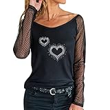 YUE Valentinstag Sweatshirt Damen Elegant Spitze Bluse Sexy Glitzer Langarmshirt Schwarz Mesh Patchwork Oberteile Wellenpunkt Drucken Langarm Bluse Tops Streetwear L