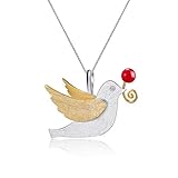 Lotus Fun S925 Sterling Silber Anhänger Kreativer Fliegender Vogel oder Taube mit Früchten Anhänger Natürlicher Handgemachter Einzigartiger Schmuck für Frauen und Mädchen (Pigeon-Artificial Coral)