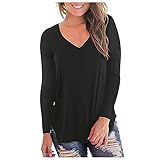 Oberteile Damen Elegant Shirt Damen Sexy Damenmode Lässig Rundhals Landschaft Blusehemd Unifarben Baumwolle Damen Basic T-Shirts Tshirt Mit Gummizug Am Saum Damen V-Ausschnitt Sweatshirt (Black,M)