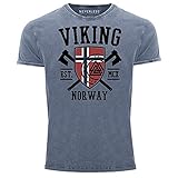 Neverless® Herren Vintage Shirt Viking Norway Norwegen Flagge Wikinger nordisch Printshirt T-Shirt Aufdruck Used Look blau XL