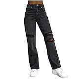 Briskorry Damen Jeans Loch Jeans Casual Baggy Boyfriend Jeanshosen Locker Lang Weites Bein Hose Denim Straight Lässig Denim Pants Bootcut Mid Waist Stilvoll mit T