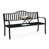 Relaxdays Gartenbank mit klappbarem Tisch, 3-Sitzer, Garten, Metall Balkonbank, HBT 89 x 150 x 58,5 cm, schwarz-B