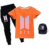 BTS Kinder T-Shirt Hose und Sonnenhut Set T-Shirt Dreiteiliger Anzug für Jungen Mädchen BTS Merch, Orange, 140