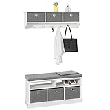 SoBuy Wandgarderobe-Set Flurset Flurmöbel Schuhbank mit Sitzfläche Flurgarderobe, weiß und grau FSR67-HG+ FRG282-W