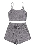 DIDK Damen Shorts und Top Sets 2 Piece Spaghettiträger Bauchfrei Tops Camisole Kurze Hose Hauseanzug Kombi 2-Teiler Home Set Grau S