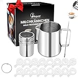 Bugucat Milchkännchen 350ML, Milchschaumkännchen Edelstahl Milchaufschäumer, Milchkanne Aufschäumer Kännchen Tasse mit Pulverstreuer Latte Art Stift 16 Stücke Kaffee Cappuccino Schablonen Formhak