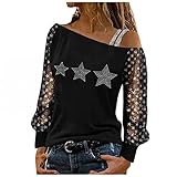 XUNN Damen Tops Printed Strass Schulterfrei Spitze T-Shirt Longshirt Schulterfrei Tshirt Nettogarn Langarm Shirt Bluse Tunika Casual Ob