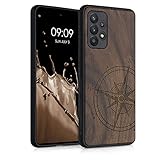 kwmobile Hülle kompatibel mit Samsung Galaxy A52 / A52 5G / A52s 5G - Handyhülle Holz TPU Cover - Kompass Vintage Dunkelb