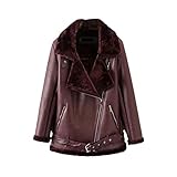 Winterjacke, verdickt, gepolstert, warm, PU-Leder, für Damen, Shearling-Mantel, Weinrot, S