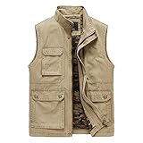 AMZWMFW Herren Casual Frühling Herbst Ärmellos Weste Baumwolle Leichte Outdoor Multi-Pockets Werkzeug Angeln Weste Khaki 3XL