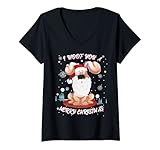 Damen Weihnachten Hund Welpe mit Santa's Mütze und Nikolaus Bart T-Shirt mit V