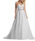 HUINI Brautkleider Lang Spitzen Elegant Hochzeitskleider Standesamt Strand Brautmode Prinzessin Schulterfrei Weiß 32