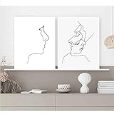 Nordic Minimalist Figures Face Line Art Paar Kuss Wand Leinwand Gemälde Zeichnung Schwarz Weiß Poster Drucke Wohnzimmer Dekor 50x70cmx2 Kein R