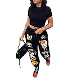 ChouZZ Damen Grafik Sweatpants Y2k Haremshose Hohe Taille Fleece Yoga Hippie Jogger Hose 90er Herbst Winter Streetwear, Schwarze Grafik, L