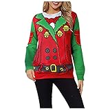 Kavitoz Ugly Christmas Sweater Damen Langarm Rundhals Pullover Bunt Weihnachtspullover Off Shoulder Pullover Feinstrickpullover Pullis Familien Weihnachtspullover Set mit Lustiger Druck(rot,L)