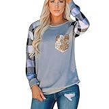 Damen Pailletten Spleißen Bluse Rundhalsausschnitt Oberteile Glitzer T-Shirt Lange Ärmel Plaid Print Attraktiver Langarmshirt Basic Gestreift Tops mit T