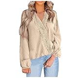 Kolylong® Damen Sexy V-Ausschnitt Langarmshirt Langarm Oberteile Tops Frauen Elegant Sweatshirt Mode Einfarbig T-Shirt Frauen Spitzenrand Spitzenbluse Slim Fit Casual Tunika Top