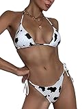 Damen-Bikini-Set mit Schnürung vorne, Kuh-Druck, verstellbar, Triangel-Badeanzüge, Rave, Festivals, Triangel-Bikini-Set, Larg