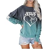 GilRu Damen Trendy Gradient Pullover Kreuz Herz JESUS DID IT Crewneck Sweatshirt Langarm Tops Bluse Shirt, grün, 36