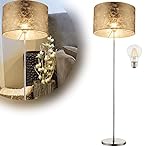 Stehlampe Wohnzimmer Gold Textil Lampenschirm - LED Stehleuchte Stoffschirm 40 cm Goldfarben - Standlampe Schlafzimmer Höhe 160 cm - Standleuchte inkl L