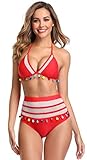 SHEKINI Damen Triangle Bikini Set Troddel Farbige Kugel Sommer Neckholder Bikinis High Waist Bikini Hose Hollow Netz Schwarz Zweiteiliger (Medium, B-Rot)